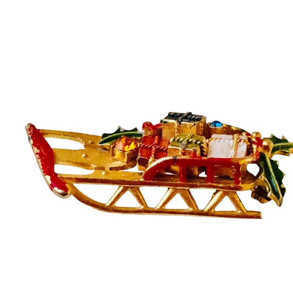 Weiss Christmas Sled Brooch Pin Rhinestones Enamel Gifts GoldTone Vintage Signed